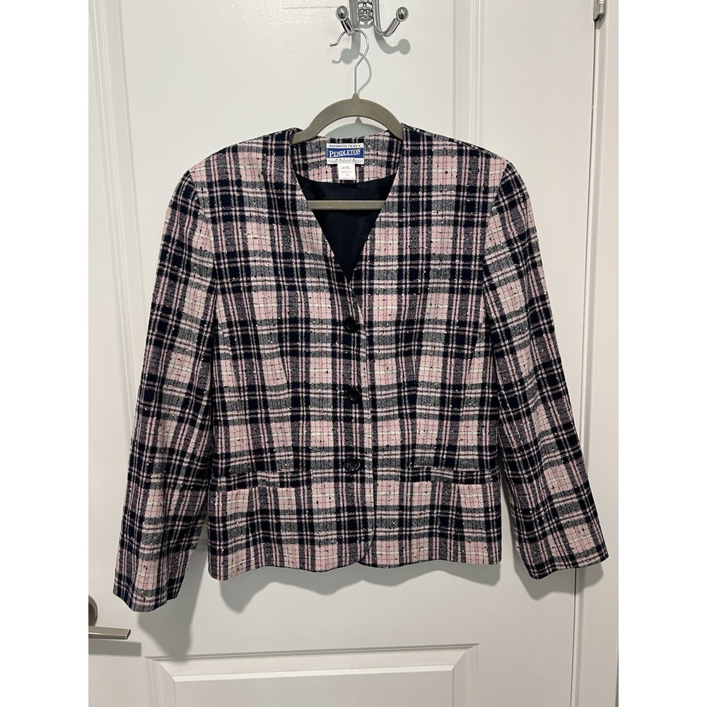 Vintage Pendleton Wool Blazer Shoulder Pad Pink/Blue Plaid Jacket- Size 12 Petit
